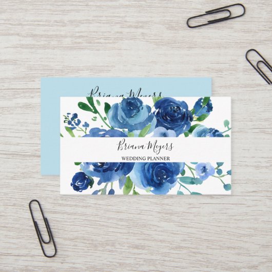 Watercolor Modern Floral Navy Blue Script Visitenkarte (Vorderseite/Rückseite Beispiel)