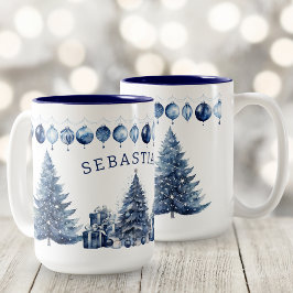 Watercolor Modern Navy Blue Christmas Tree Name Zweifarbige Tasse