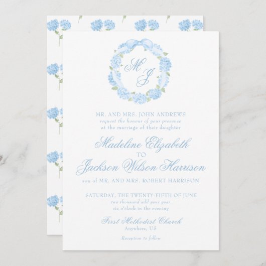 Watercolor Monogram Blue Hydrangea Wreath Wedding Einladung (Vorne/Hinten)
