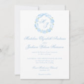 Watercolor Monogram Blue Hydrangea Wreath Wedding Einladung (Vorderseite)