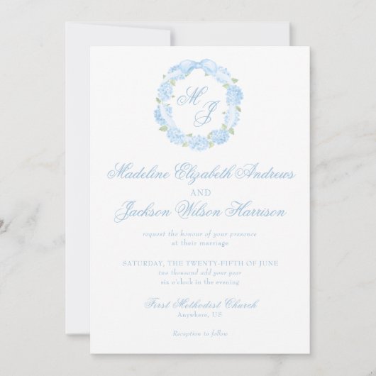 Watercolor Monogram Blue Hydrangea Wreath Wedding Einladung (Vorderseite)