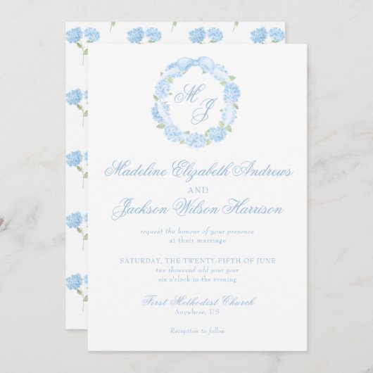 Watercolor Monogram Blue Hydrangea Wreath Wedding Einladung (Vorne/Hinten)