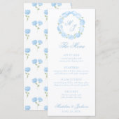 Watercolor Monogram Blue Hydrangea Wreath Wedding Menükarte (Vorne/Hinten)
