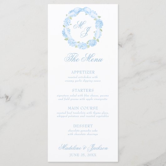 Watercolor Monogram Blue Hydrangea Wreath Wedding Menükarte (Vorderseite)