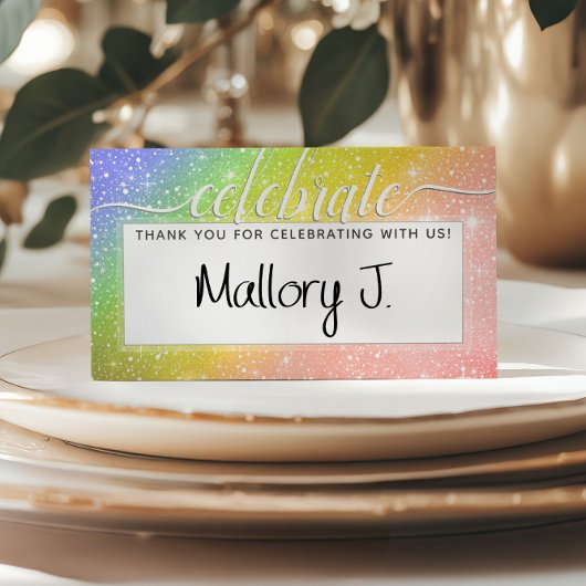 🌈 Watercolor Monogram CELEBRATE Rainbow Platzkarte