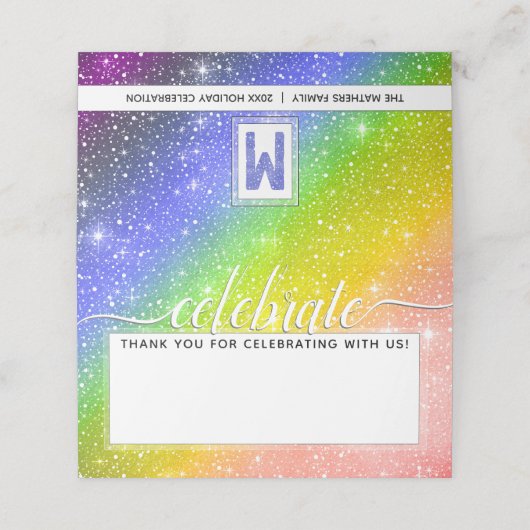 🌈 Watercolor Monogram CELEBRATE Rainbow Platzkarte (Außenseite Aufgefaltet)
