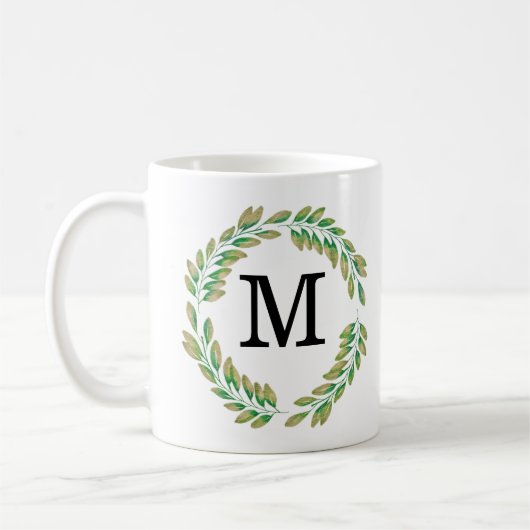 Watercolor Monogram Gold Green Blätter Wreath Kaffeetasse (Links)