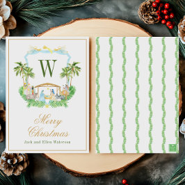Watercolor Monogram Initial Nativity Crest Feiertagskarte