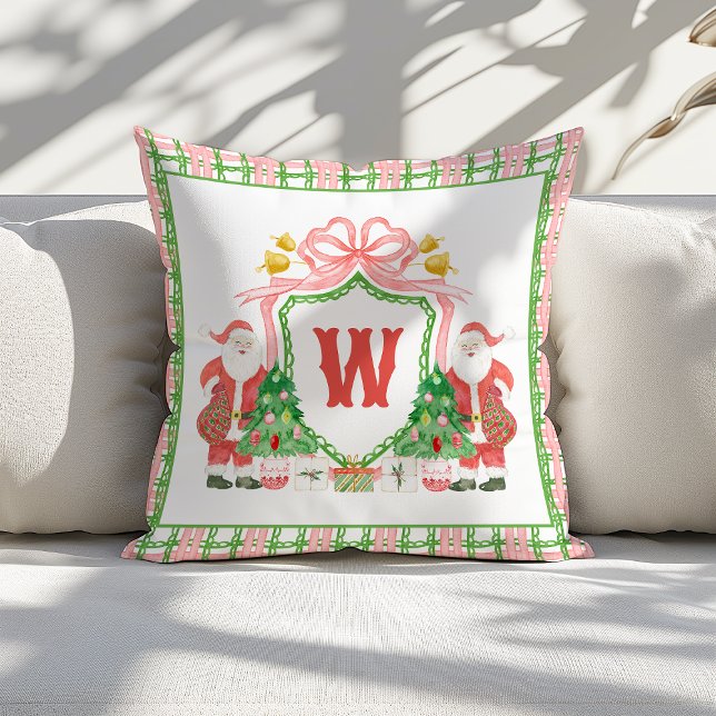 Watercolor Monogram Initial Plaid Santa Crest Kissen (Von Creator hochgeladen)