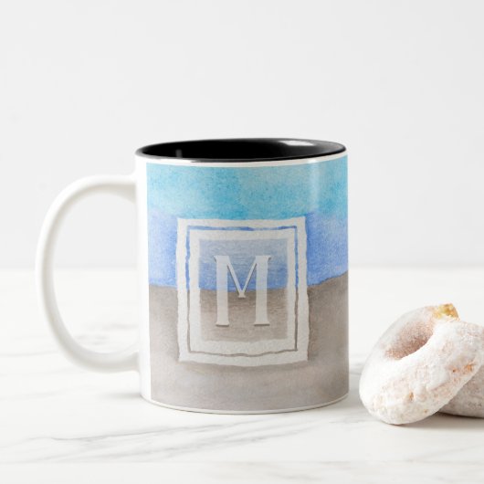 #Watercolor #Monogram #Sea & Sand Blue and Tan Zweifarbige Tasse (Mit Donut)