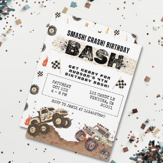 Watercolor Monster Truck Boys Geburtstagsparty Einladung