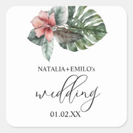 Watercolor Monstera Leaf Floral Wedding Quadratischer Aufkleber