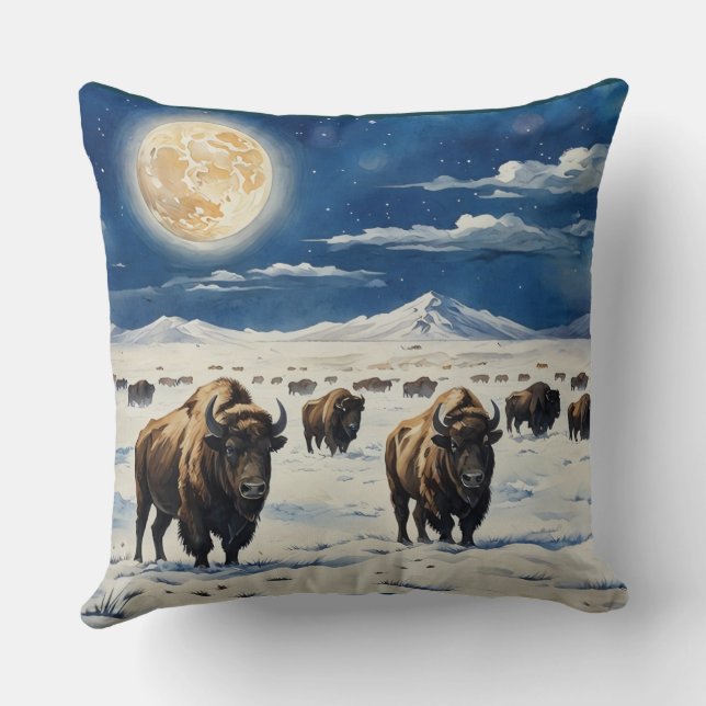 Watercolor Moonlit Bison Kissen (Rückseite)