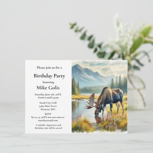 Watercolor Moose Birthday Party Einladung (Stehend Vorderseite)