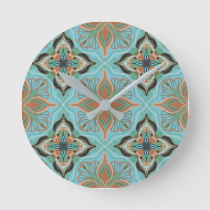 Watercolor Moroccan Blue Floral Tile Runde Wanduhr
