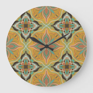 Watercolor Moroccan Yellow Floral Tile Große Wanduhr