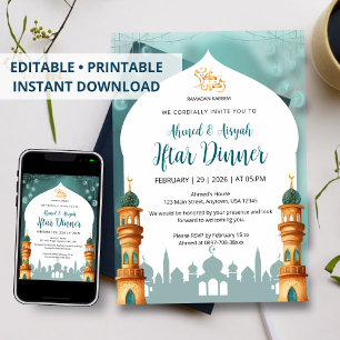 Watercolor-Moschee-Mint-Türkis und Gold-Ramadan-If Einladung