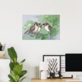 Watercolor Mother Sparrow Feeding Chicks Poster (Heimbüro)