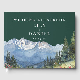 Watercolor Mountain Floral Emerald Green Wedding Gästebuch