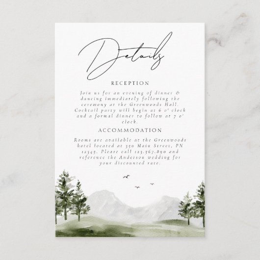 Watercolor Mountain Forest - Hochzeitsskripte Begleitkarte (Vorderseite)