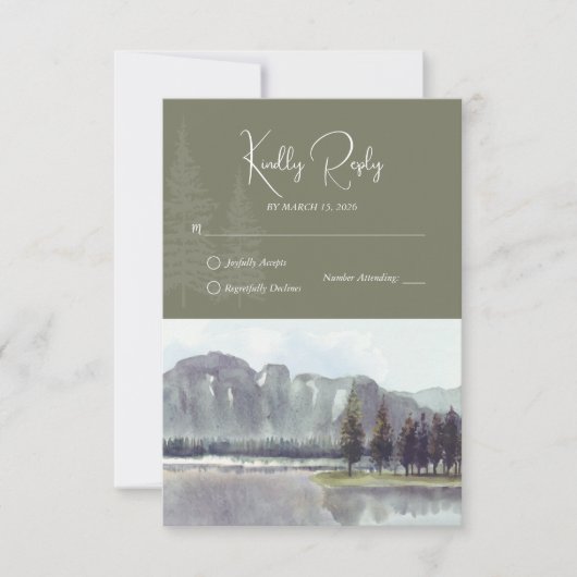 Watercolor Mountain Forest Trees Lake Wedding RSVP Karte (Vorderseite)