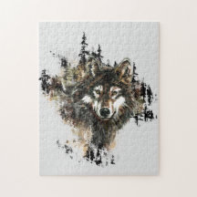 Watercolor Mountain Grauer Wolf Kopf Tier