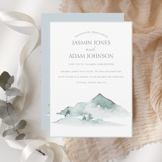 Watercolor Mountain Greenery Winter Wedding Einladung