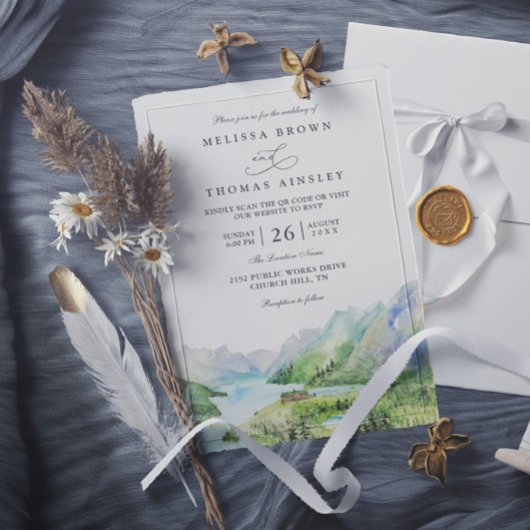 Watercolor Mountain Rustic Lakes QR Code Wedding Einladung