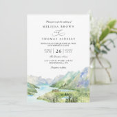 Watercolor Mountain Rustic Lakes QR Code Wedding Einladung (Stehend Vorderseite)