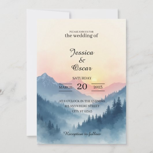 Watercolor Mountain Sunrise Wedding Invitation Einladung (Vorderseite)