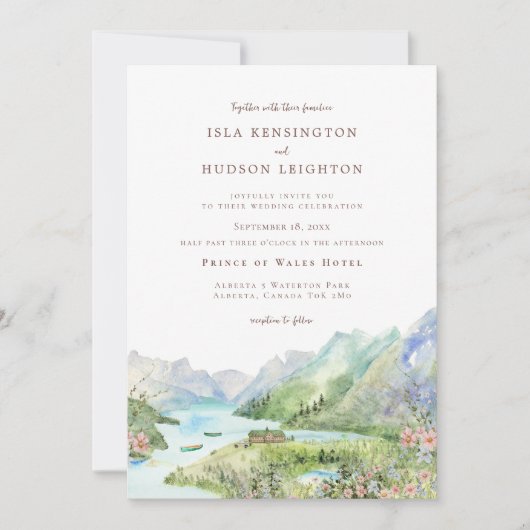 Watercolor Mountain | Waterton Lakes Wedding Einladung (Vorderseite)