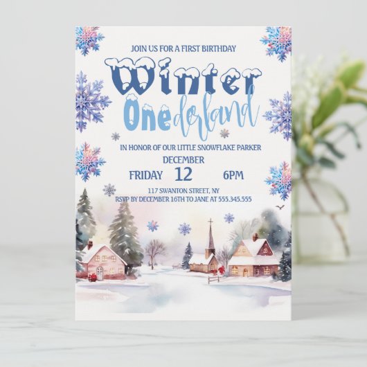 Watercolor Mountain Winter Wunderland für Junge Einladung (Stehend Vorderseite)