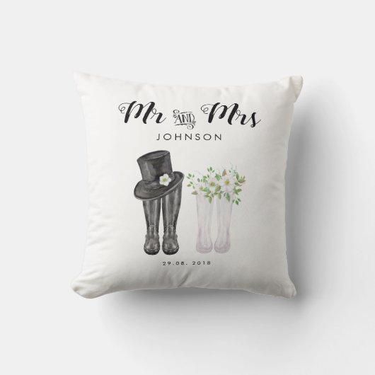 Watercolor Mr & Mrs. mit Top Hut, Blume & Stiefel Kissen (Vorderseite)