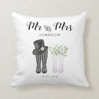 Watercolor Mr & Mrs. mit Top Hut, Blume & Stiefel Kissen