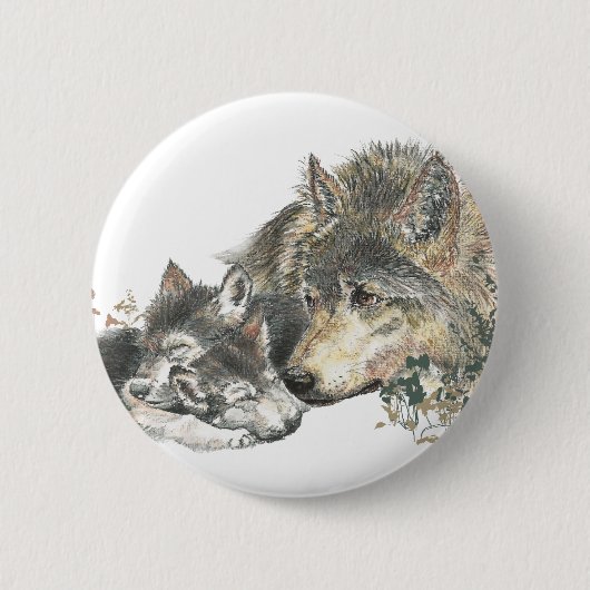Watercolor Mutter Wolf & Cubs Art Button (Vorderseite)