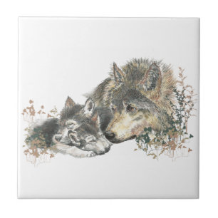 Watercolor Mutter Wolf & Cubs Art Fliese