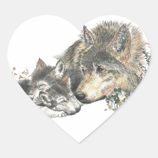 Watercolor Mutter Wolf & Cubs Art Herz-Aufkleber (Vorderseite)