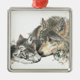 Watercolor Mutter Wolf & Cubs Art Silbernes Ornament