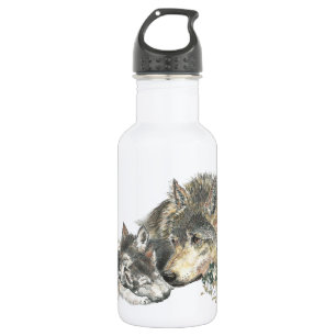 Watercolor Mutter Wolf & Cubs Art Trinkflasche