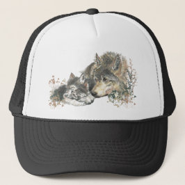 Watercolor Mutter Wolf & Cubs Art Truckerkappe