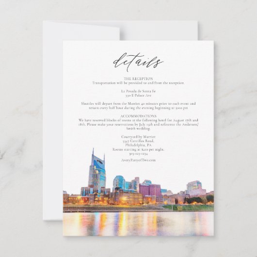Watercolor Nashville Skyline Wedding Details Card Einladung (Vorderseite)