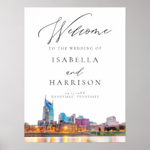 Watercolor Nashville Skyline Wedding Welcome Sign Poster