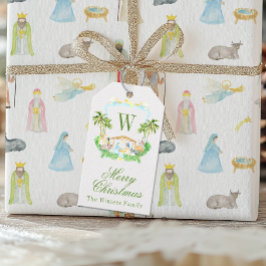 Watercolor Nativity Monogram Crest Christmas Geschenkanhänger