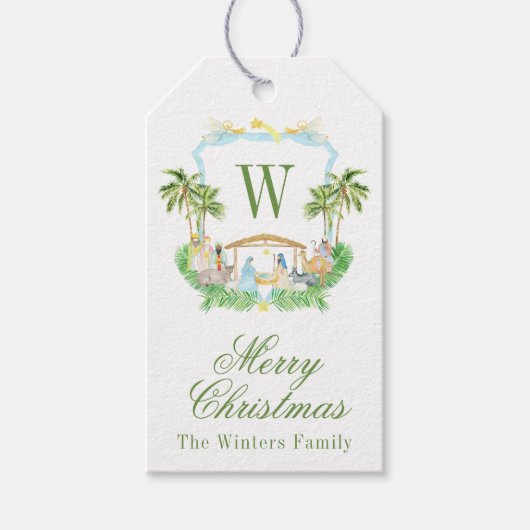 Watercolor Nativity Monogram Crest Christmas Geschenkanhänger (Vorderseite)