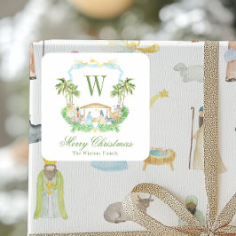 Watercolor Nativity Monogram Crest Christmas Quadratischer Aufkleber
