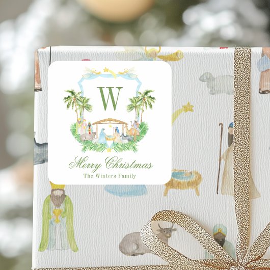 Watercolor Nativity Monogram Crest Christmas Quadratischer Aufkleber