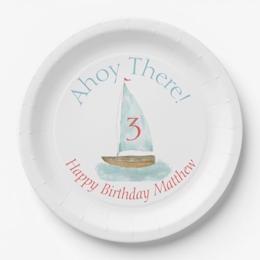 Watercolor Nautical Sailboat Birthday Pappteller (Vorderseite)