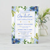 Watercolor Navy & Baby Blue Blume Abschluss Einladung (Stehend Vorderseite)