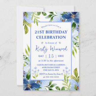 Watercolor Navy & Baby Blue Blume Geburtstag Einladung
