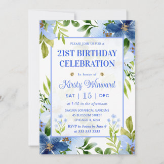 Watercolor Navy & Baby Blue Blume Geburtstag Einladung